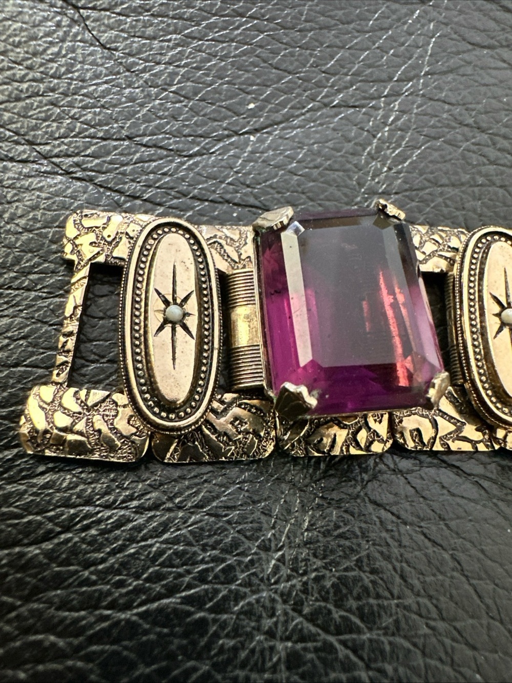 Vintage book chain panel Bracelet with Purple Glass Stones - Picture 3 of 6